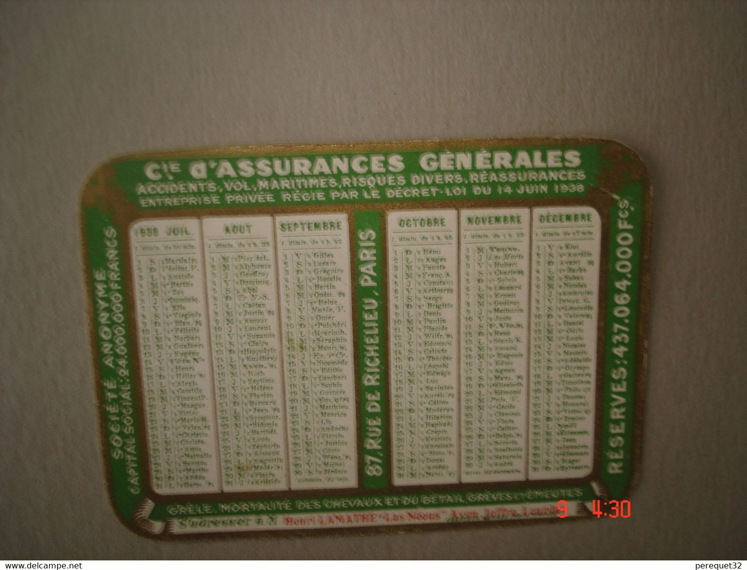 Calendrier P.M.1939.CIE D'ASSURANCES GENERALES,Paris.Représenté Par H.Lamatre.Lourdes - Petit Format : 1921-40