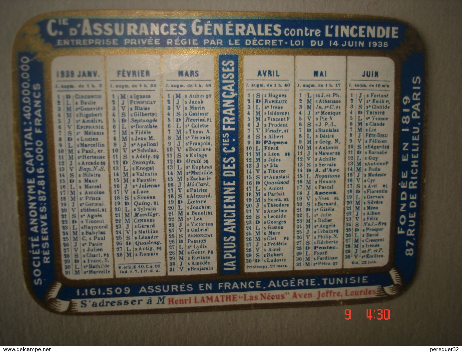 Calendrier P.M.1939.CIE D'ASSURANCES GENERALES,Paris.Représenté Par H.Lamatre.Lourdes - Petit Format : 1921-40