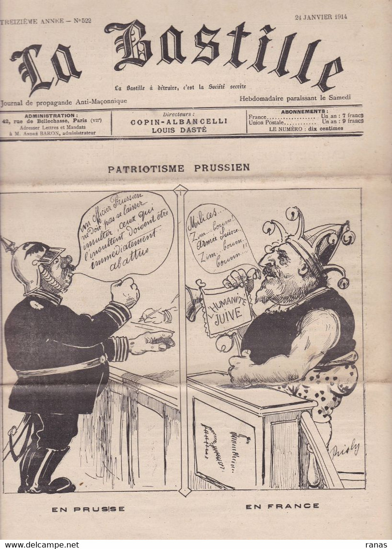 Antisémitisme Jewish Juif Judaïca Franc Maçonnerie Maçonnique La Bastille N° 522 De 1914 Jean Jaurès - Sonstige & Ohne Zuordnung