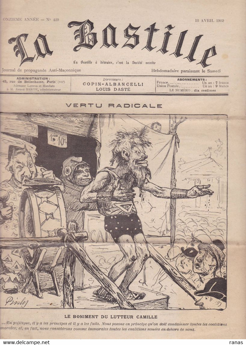 Antisémitisme Jewish Juif Judaïca Franc Maçonnerie Maçonnique La Bastille N° 429 De 1912 - Autres & Non Classés