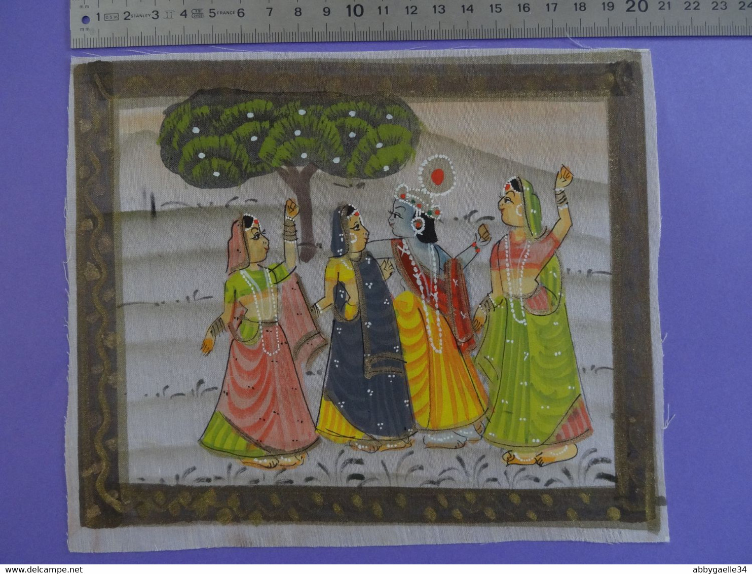 Peinture Indienne Sur Soie Synthétique Vers 1970 Fantaisie Naïveté Costumes Bijoux - Oriental Art