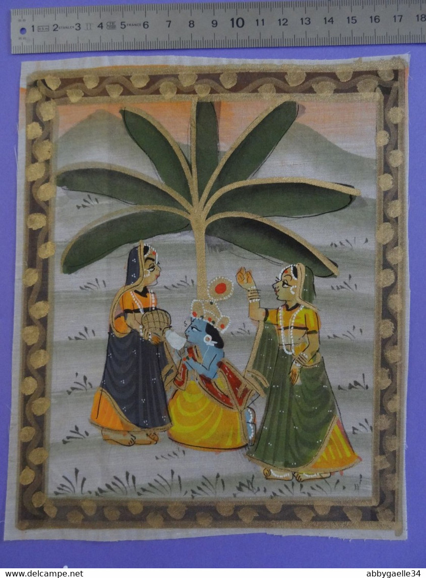 Peinture Indienne Sur Soie Synthétique Vers 1970 Fantaisie Naïveté Costumes Bijoux - Arte Oriental