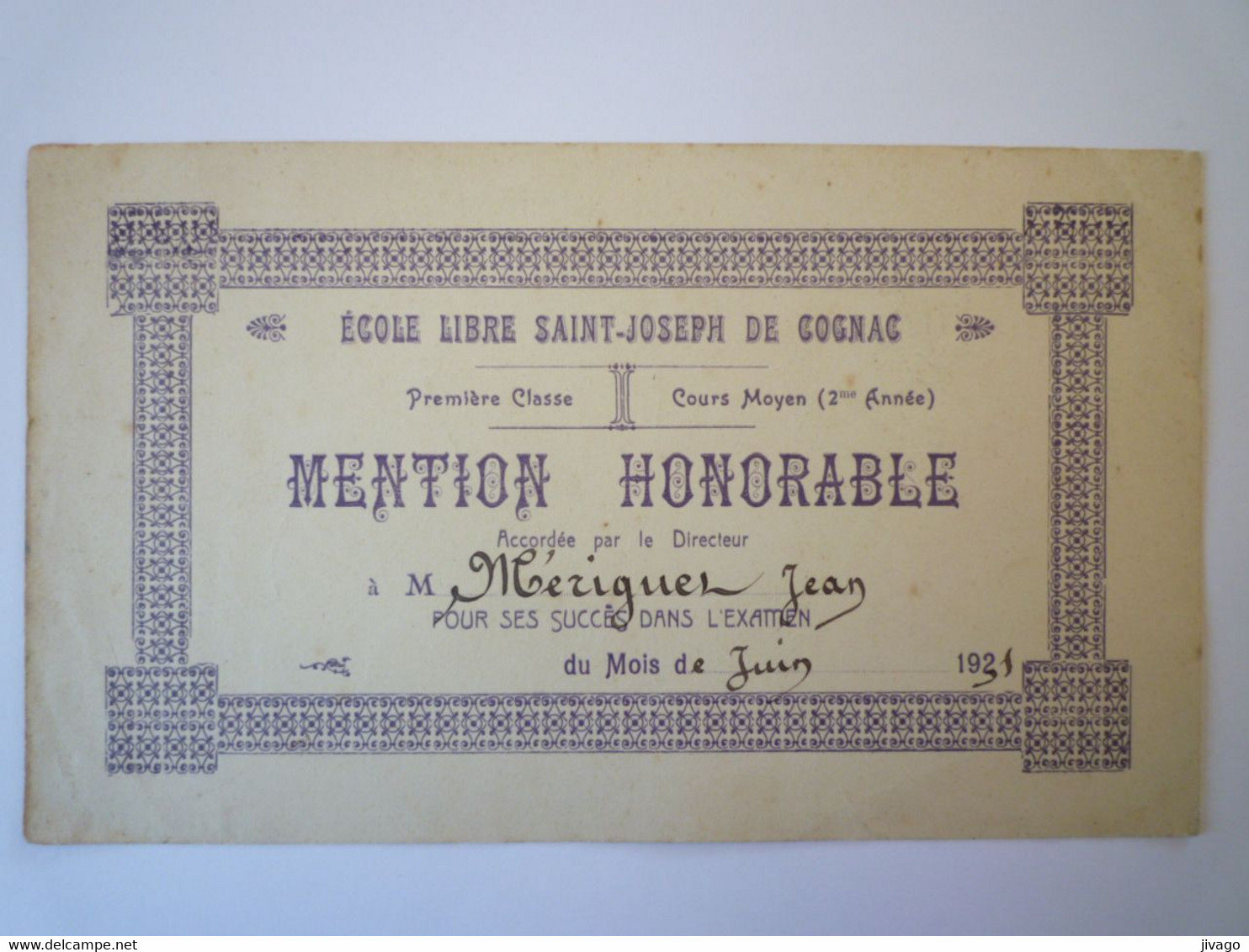 2022 - 1221  Ecole Libre ST JOSEPH De COGNAC  :  BILLET D'HONNEUR  "Mention HONORABLE"  1931  XXX - Non Classés