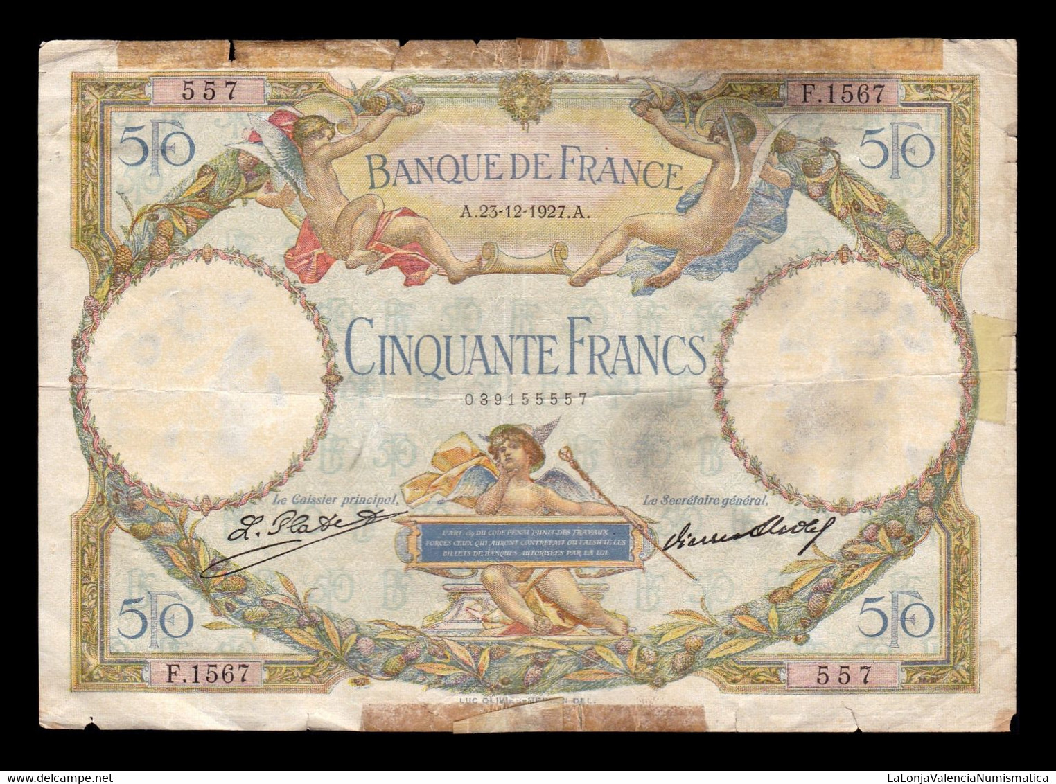 Francia France 50 Francs Luc Olivier Merson 1927 Pick 77 BC- G - 50 F 1927-1934 ''Luc Olivier Merson''