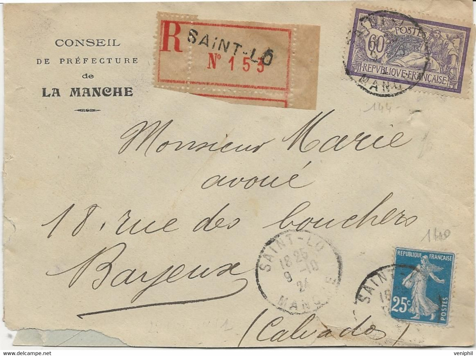 LETTRE RECOMMANDEE SAINT-LO - AFFRANCHIE N° 140 ET 144 -  ANNEE 1924 -ENTETE LETTRE CONSIL DE PREFECTURE DE LA MANCHE - - 1921-1960: Modern Period