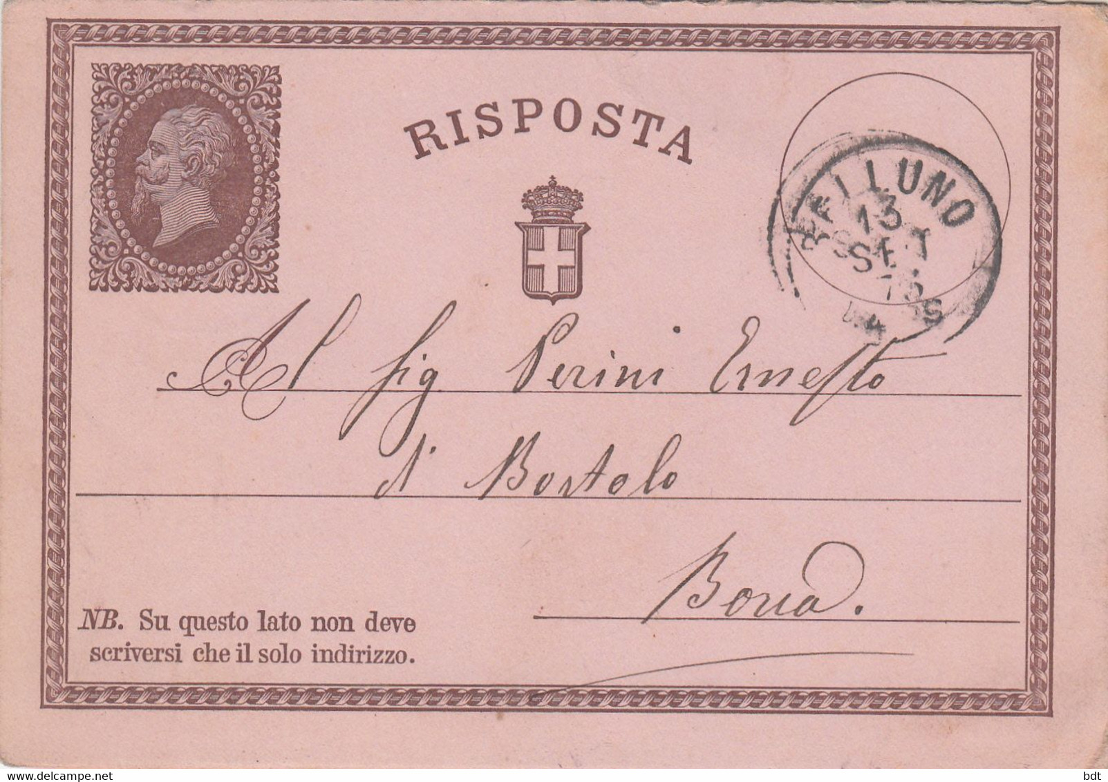 RC045 INTERO POSTALE C2 RISPOSTA - BELLUNO X BORCA 13 SETT 1875 - Entiers Postaux