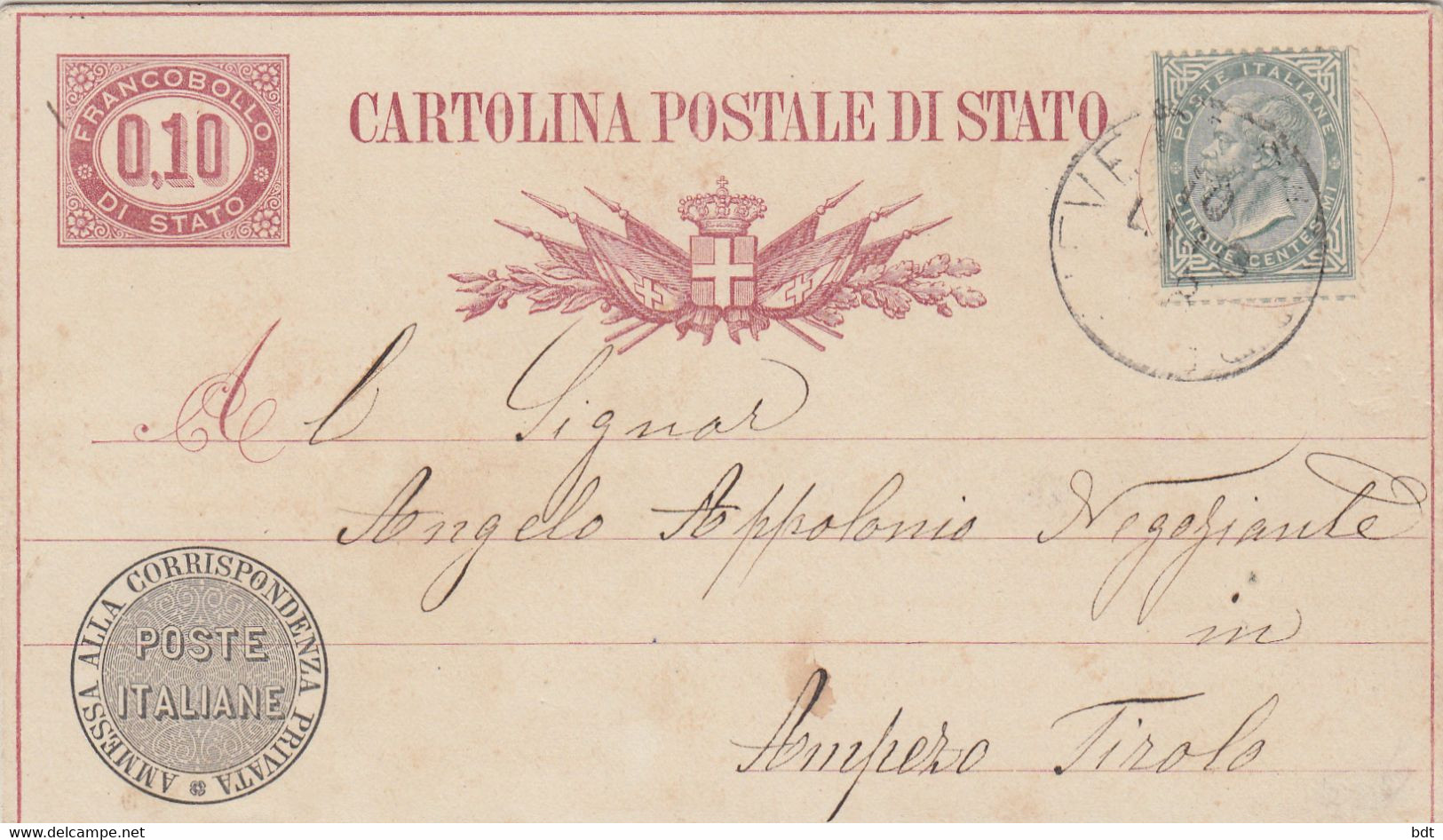 RC046 INTERO POSTALE C3 Con Cent.5 Aggiunto X Estero PIEVE CADORE X TIROLO 10 LUG 1878 - Postwaardestukken