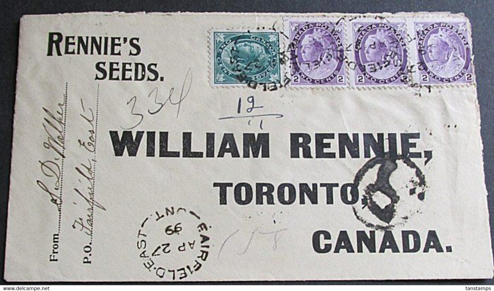 1899 Registered Cover Fairfield East Ont - Toronto Rennie Seeds Advertising - Cartas & Documentos