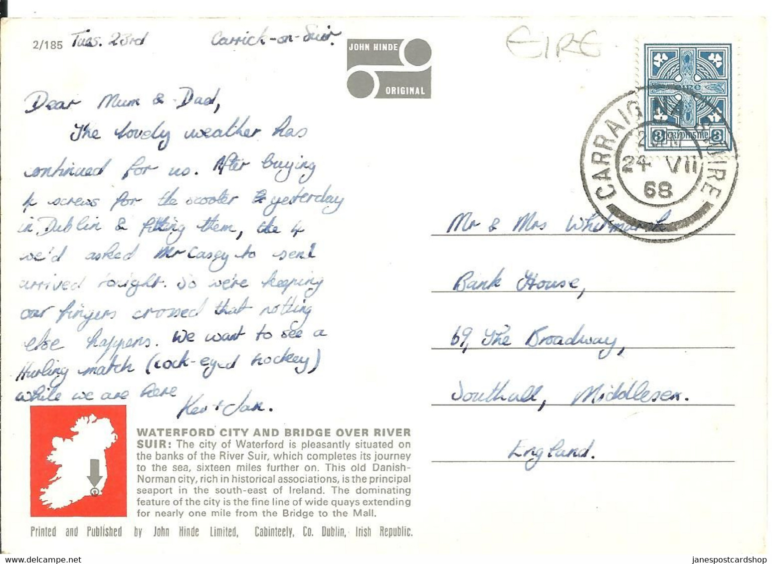 WATERFORD CITY AND BRIDGE OVER RIVER SUIR - IRELAND - GOOD CARRIG NA SUIRE POSTMARK - 1968  - MODERN SIZED CARD - Waterford