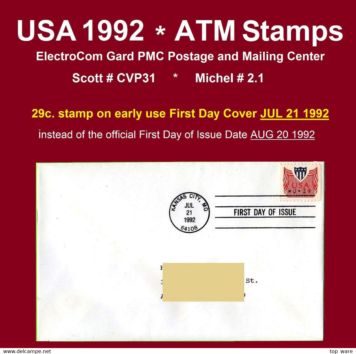 USA ATM STAMPS Michel 2.1 / Scott CVP31 / Vor-Ersttag FDC - JUL 21 1992 !!! RARE Automatenmarken Etiquetas Kiosk - Timbres De Distributeurs [ATM]