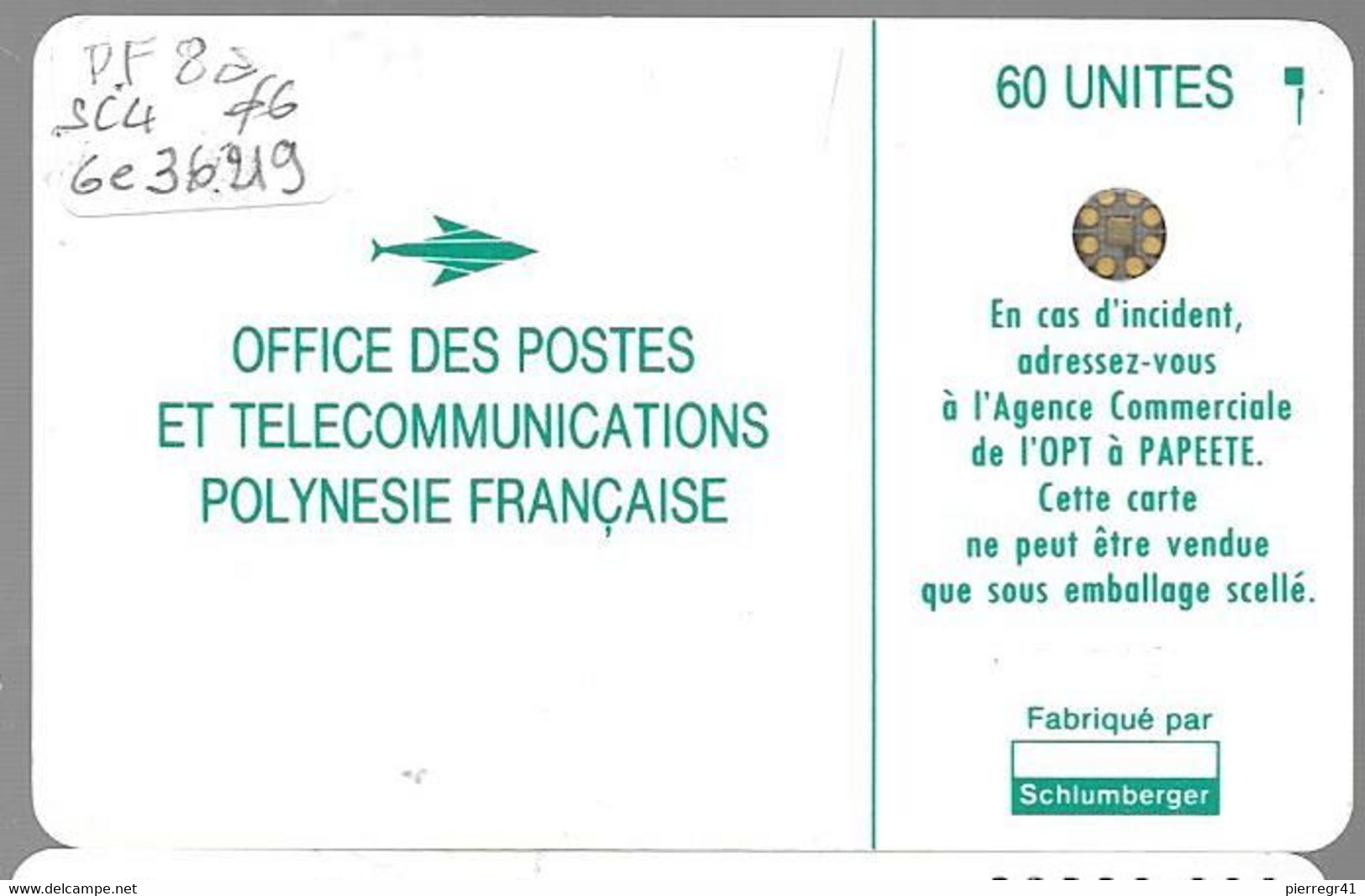 CARTE-PUCE-POLYNESIE-PF8a -SC4-60U-VAHINE VERTE-V° -5 Grands  Emboutis 36219-UTILISE-TBE- - Polynésie Française