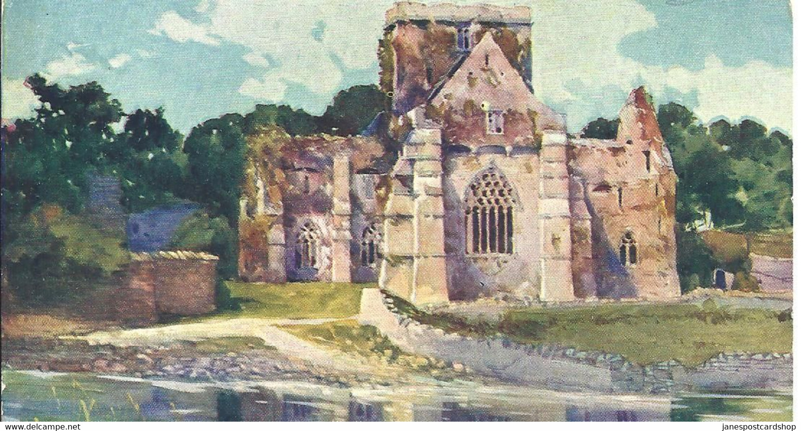 COLOURED ART POSTCARD - HOLY CROSS ABBEY - CO. TIPPERARY - WITH STUCK ON ADVERTISING PARIS LABEL - Tipperary