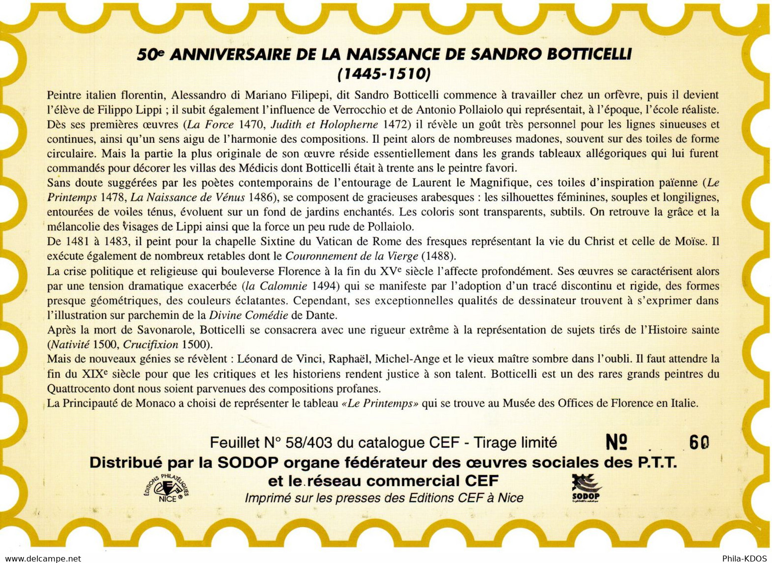 " LE PRINTEMPS De BOTTICELLI " Sur Encart CEF 1er Jour De MONACO De 1995 Parfait état FDC - Aktmalerei