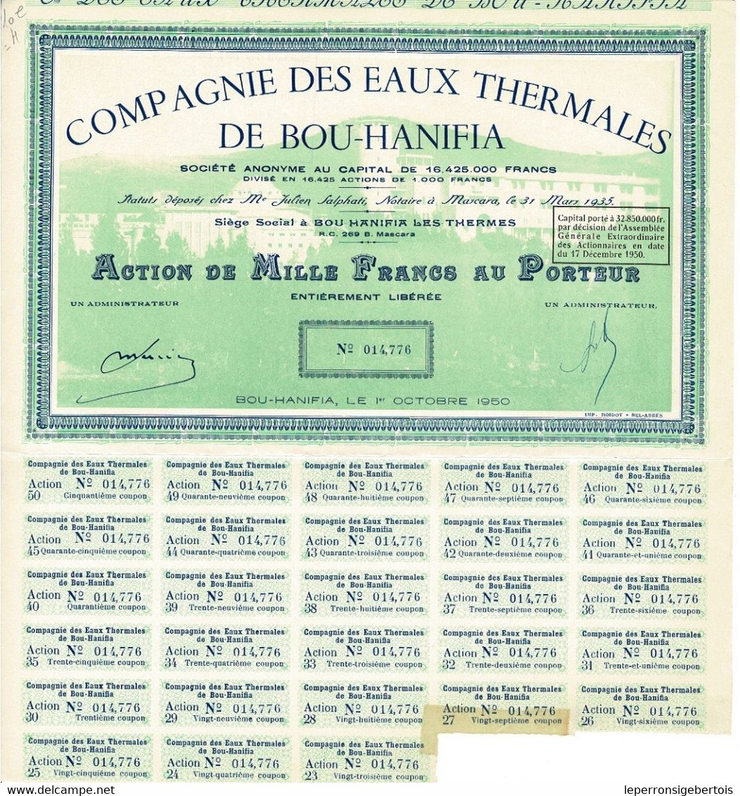 Titre Ancien - Compagnie Des Eaux Thermales De Bou-Hanifia - Société Anonyme - Titre De 1950 N° 014776 VF - Water