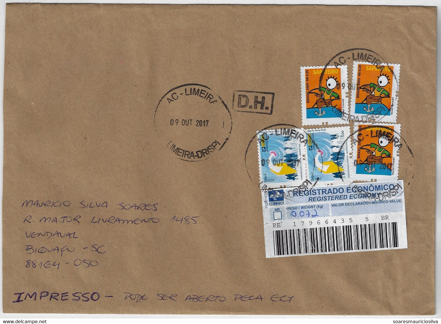 Brazil 2017 Registered Cover From Limeira To Biguaçu Many Stamp Barcode Registration Label Economy Blue With Logo - Lettres & Documents