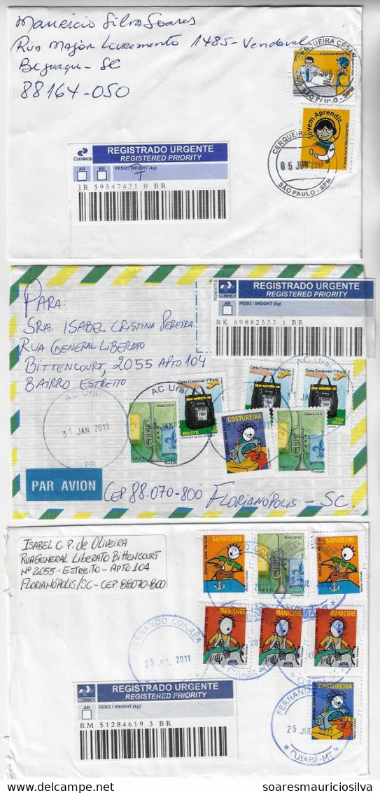 Brazil 2011/2017 3 Registered Cover Many Stamp With 3 Different Barcode Registration Label Priority Blue With Logo - Lettres & Documents