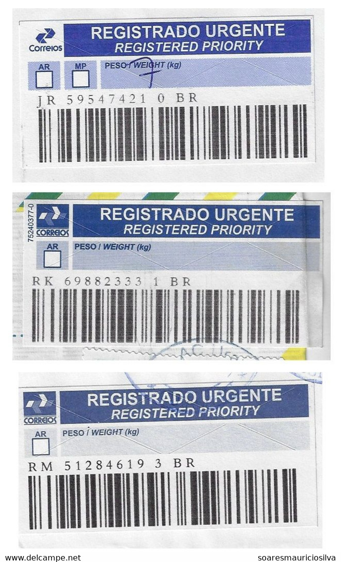 Brazil 2011/2017 3 Registered Cover Many Stamp With 3 Different Barcode Registration Label Priority Blue With Logo - Lettres & Documents