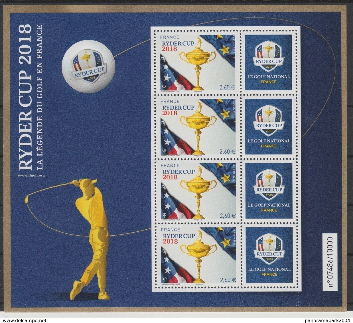 France 2018 - BF YT N°144 Mini-feuillet Numéroté Gaufré Ryder Cup Golf LUXE MNH RARE ! Tirage 10 000 - Neufs