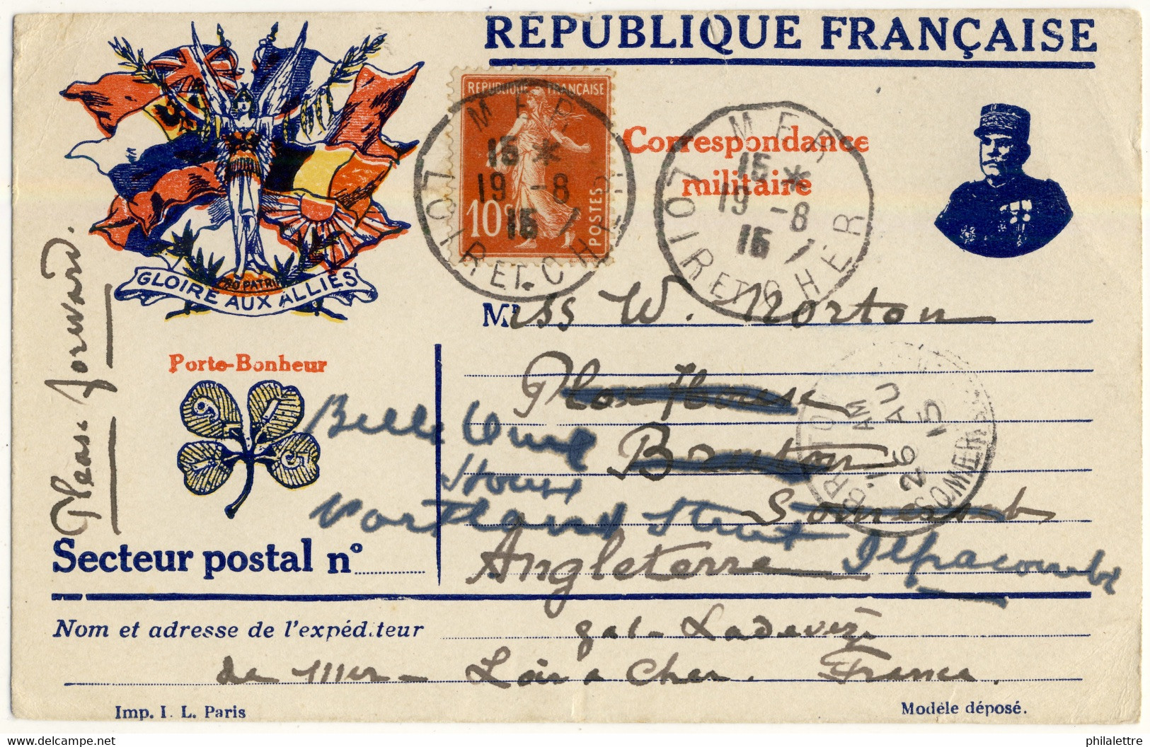 FRANCE - 1915 CPFM Aux Drapeaux Affr. Yv.138 De Mer, Loir-&-Cher Pour L'Angleterre - Guerra Del 1914-18