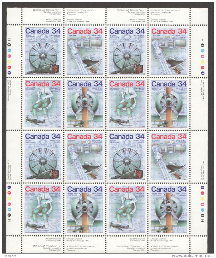 1986  Science &amp; Tech.  Rotary Snowplough, Canadarm, Flight Suit, Variable Pitch Propeller Sc 1099-1102 MNH - Full Sheets & Multiples