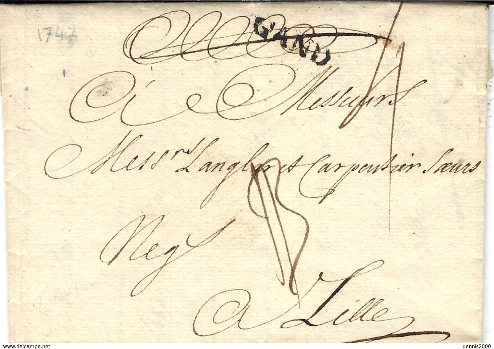 1747 - Lettre En Port Du  De   GAND   20 Mm  Noir   Pour Lille - Taxe  3 Sols Barrée Puis 4 Sols - 1714-1794 (Paises Bajos Austriacos)