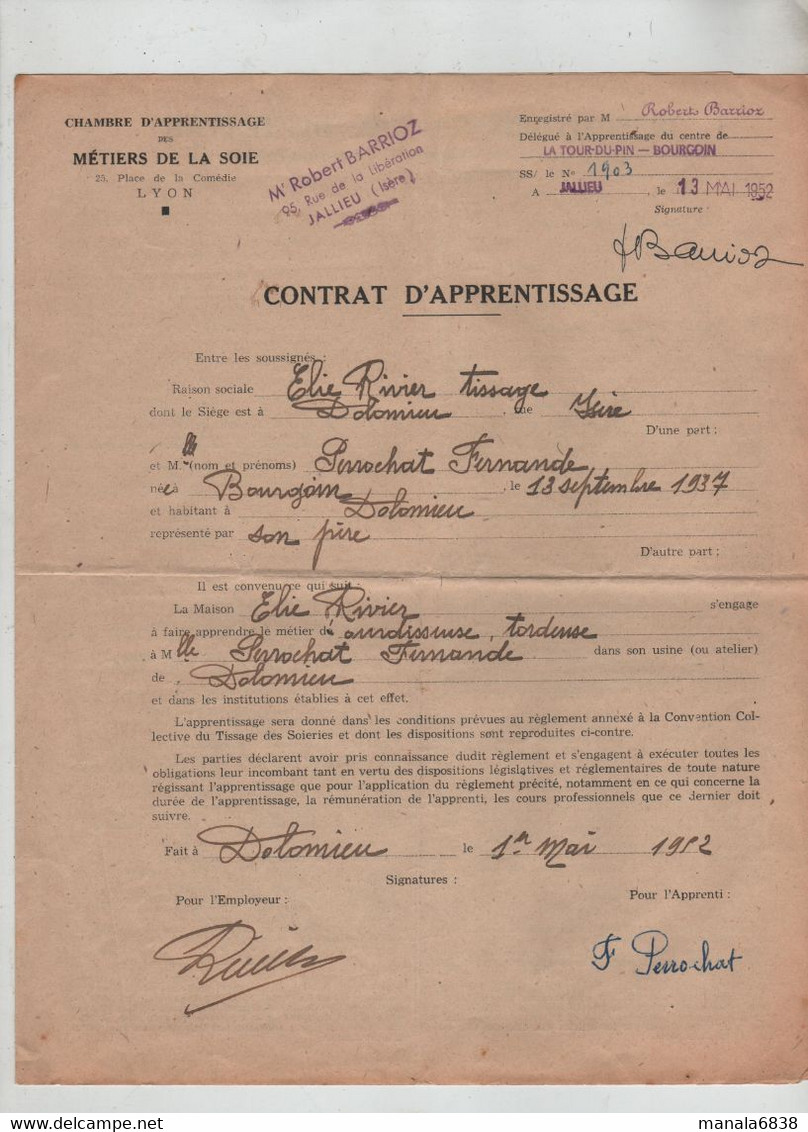 Contrat Apprentissage Soie Lyon Barrioz Jallieu Rivier Tissage Dolomieu Perrochat 1952 - Non Classés