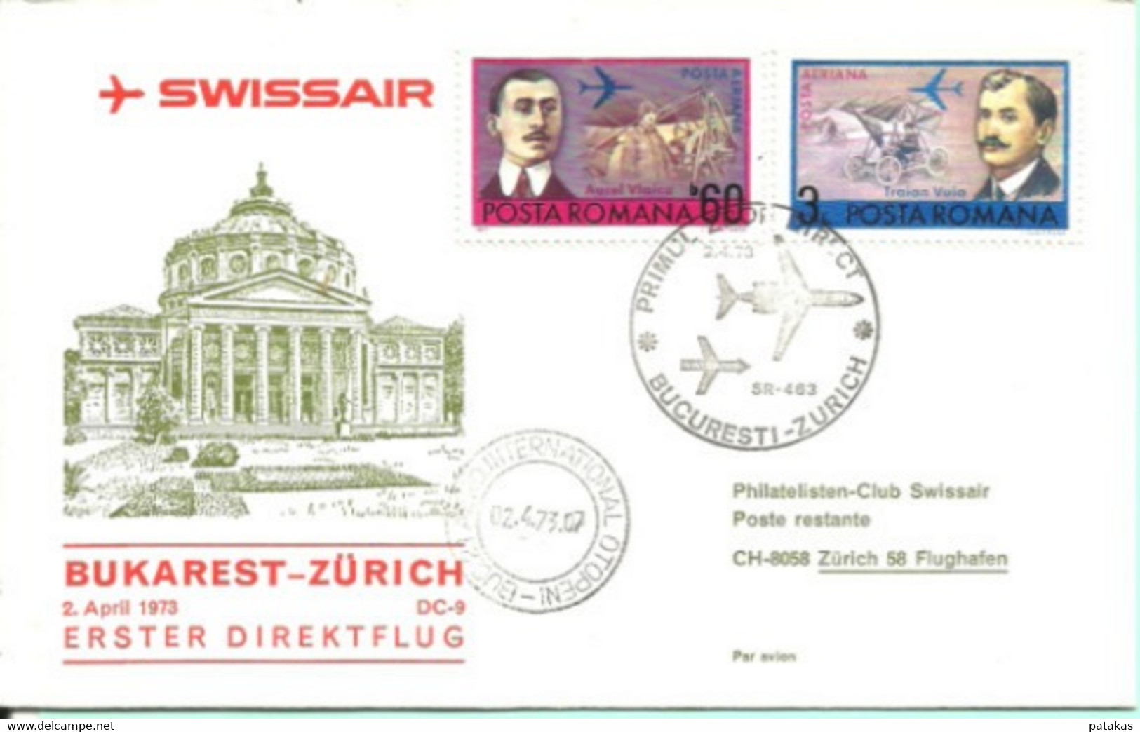 Premier Vol En DC-9 Par SWISSAIR De Bucarest à Zurich Le 2 Avril 1973 - Cartas & Documentos