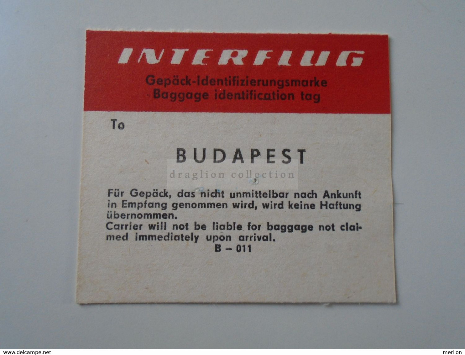 D188764 INTERFLUG DDR Airlines Baggage Tag   Budapest  Va 1970 - Etiquetas De Equipaje