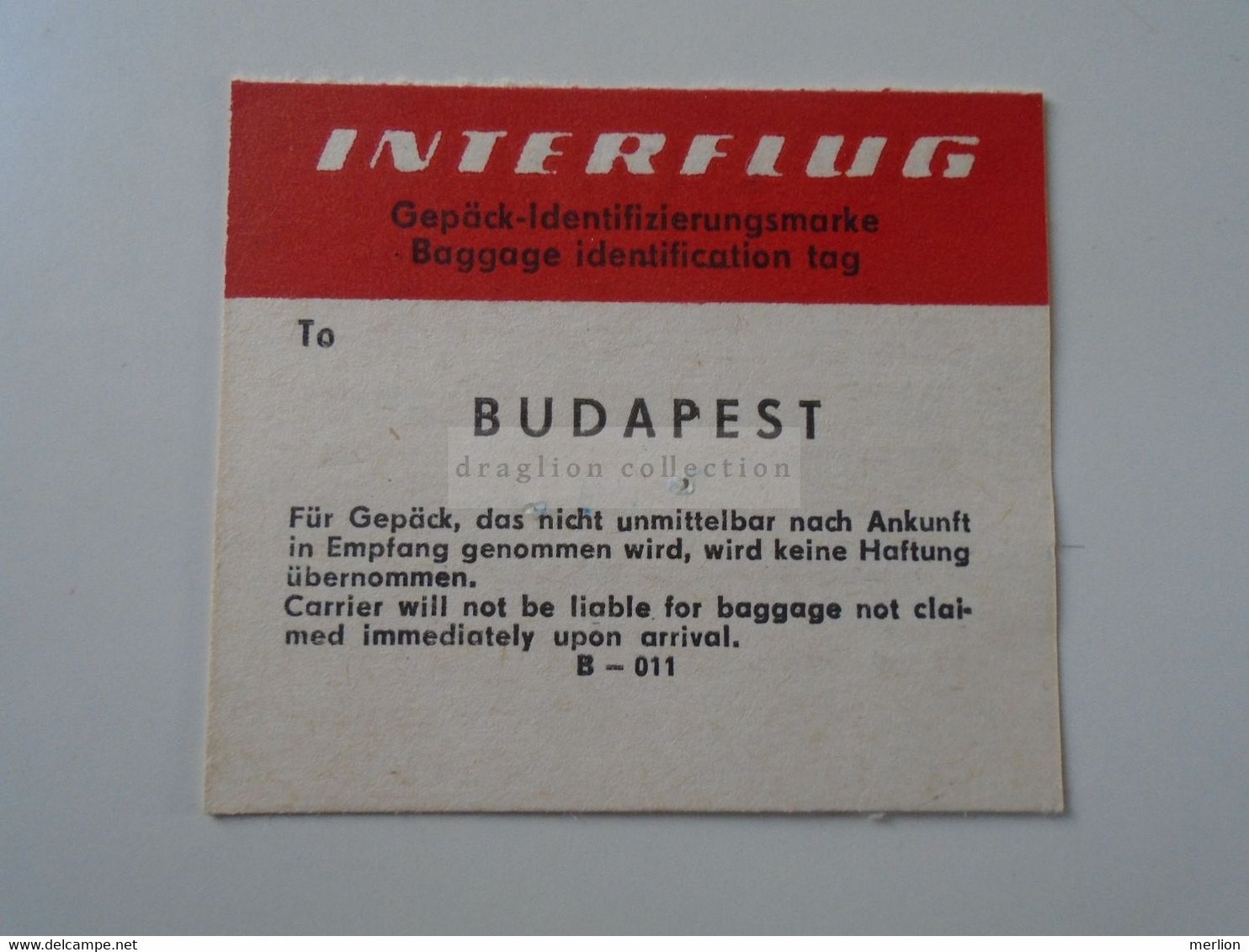 D188764 INTERFLUG DDR Airlines Baggage Tag   Budapest  Va 1970 - Baggage Labels & Tags