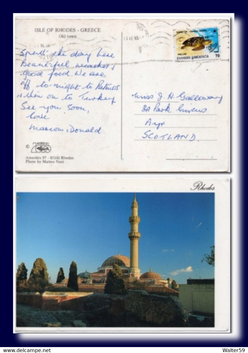 1990 Greece Griechenland Postcard Rhodes Rhodos Rodi Posted To Scotland Ak - Brieven En Documenten