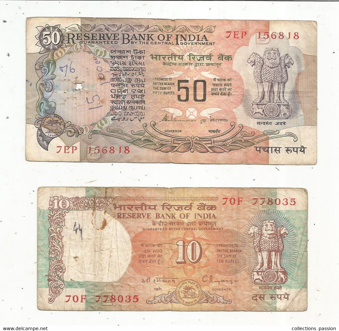 BILLET, INDE, Reserve Bank Of INDIA ,50 Et 10 Rupees , 2 Scans, LOT DE 2 BILLETS - India