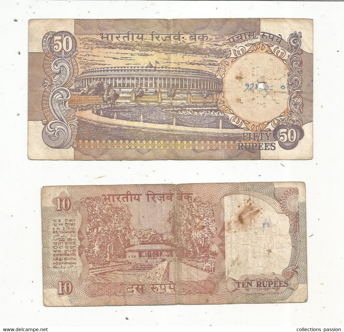 BILLET, INDE, Reserve Bank Of INDIA ,50 Et 10 Rupees , 2 Scans, LOT DE 2 BILLETS - Inde