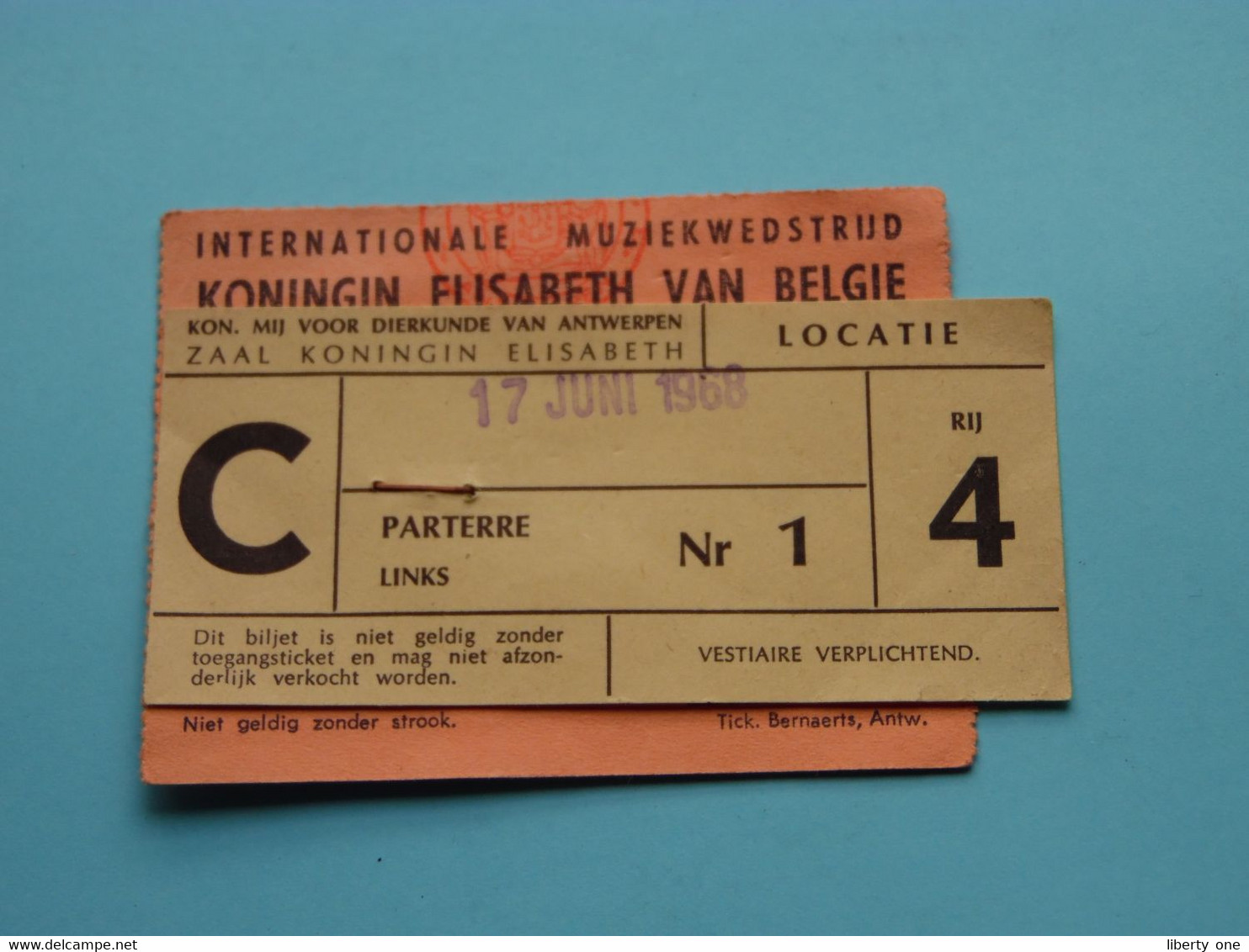 Zaal KONINGIN ELISABETH Antwerpen > 17 Juni 1968 >>> Muziekwedstrijd Koningin Elisabeth Van België ( Zie Scans ) ! - Tickets - Entradas