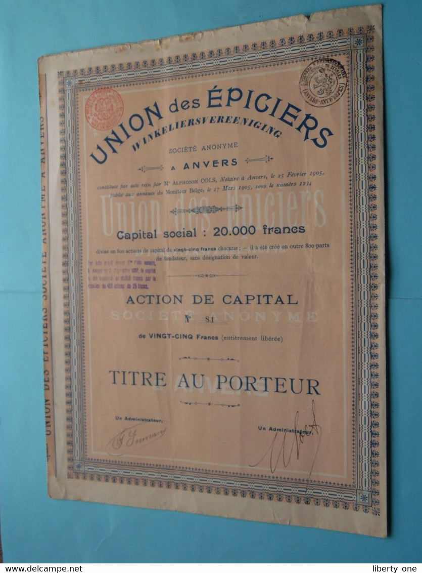 Union Des EPICIERS ( Me Cols Notaire Anvers ) ACTION De CAPITAL N° 81 Titre Au Porteur ( Zie / Voir Scans ) ! - S - V