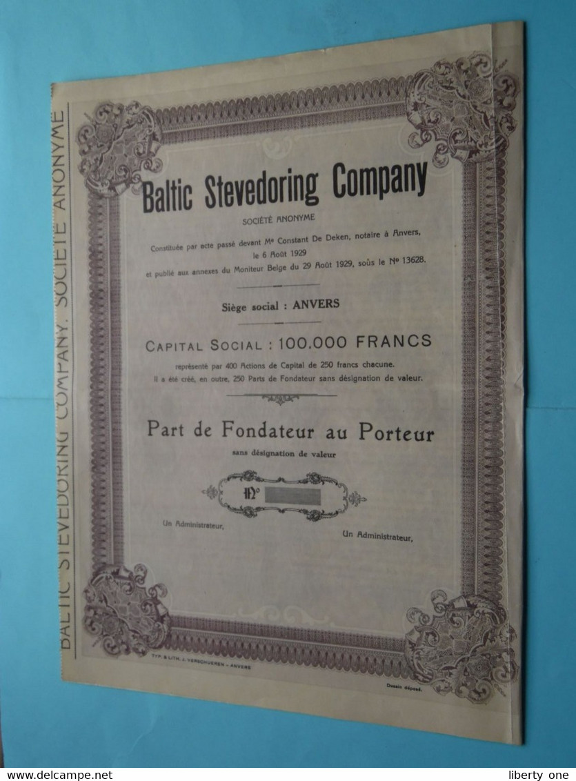 BALTIC Stevedoring Company ( Me De Deken Notaire Anvers ) N° ....... Part De Fondateur Au Porteur ( Zie / Voir Scans ) ! - Navigation