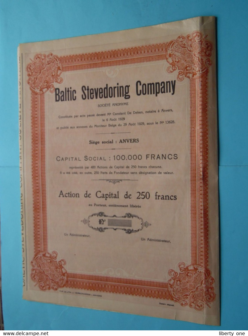 BALTIC Stevedoring Company ( Me De Deken Notaire Anvers ) N° ........Action De Capital De 250 Fr. ( Zie / Voir Scans ) ! - Navegación