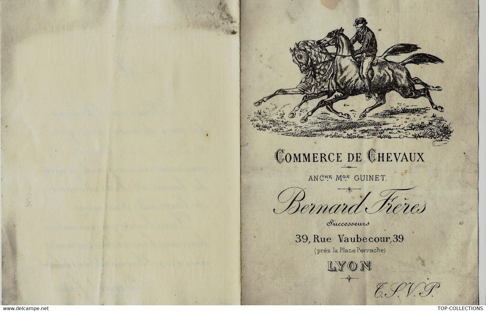 Circa 1880 1890 INVITATION AVEC SUPERBE GRAVURE  COMMERCE DE CHEVAUX ENTETE BERNARD FRERES LYON - Collezioni