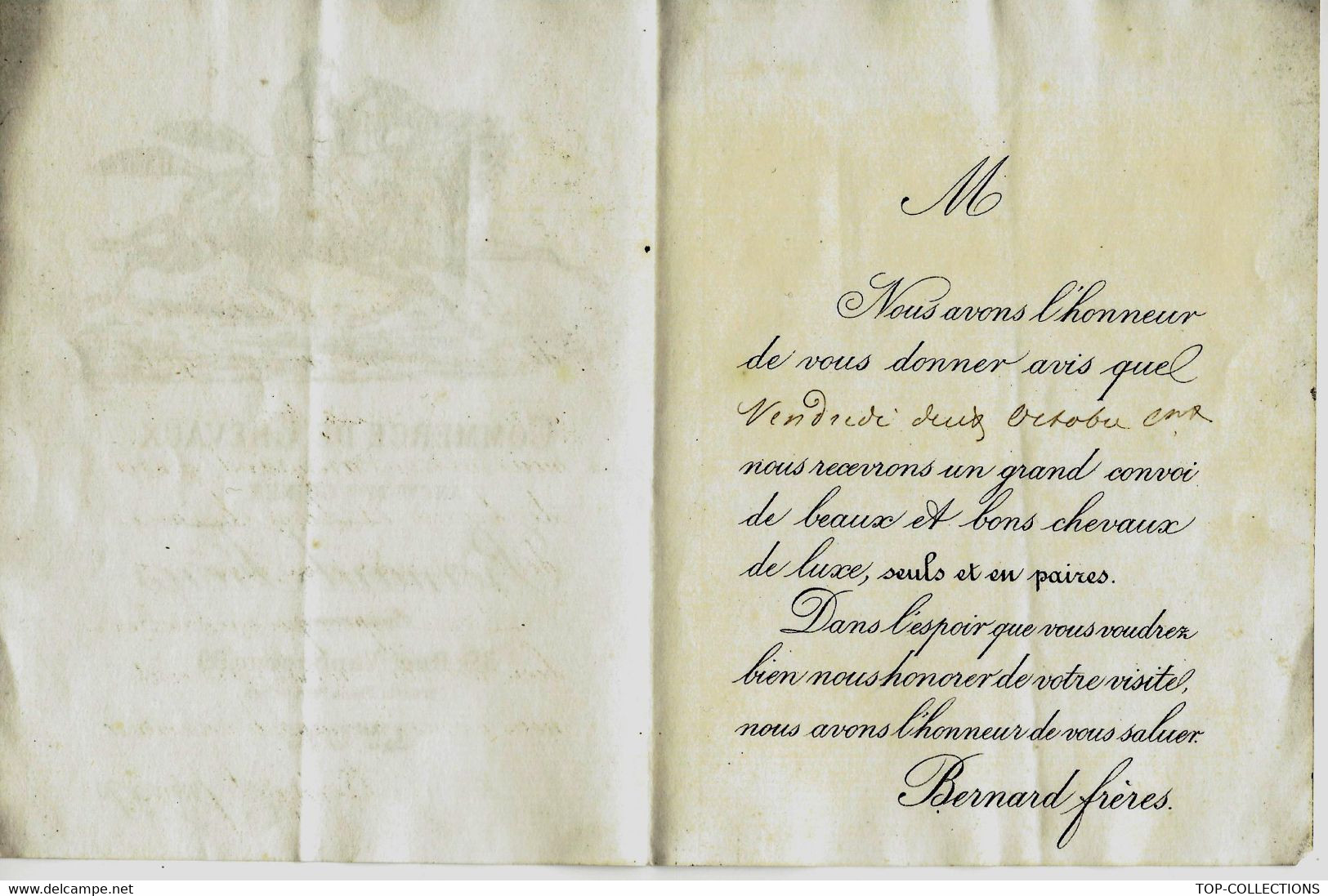 Circa 1880 1890 INVITATION AVEC SUPERBE GRAVURE  COMMERCE DE CHEVAUX ENTETE BERNARD FRERES LYON - Verzamelingen