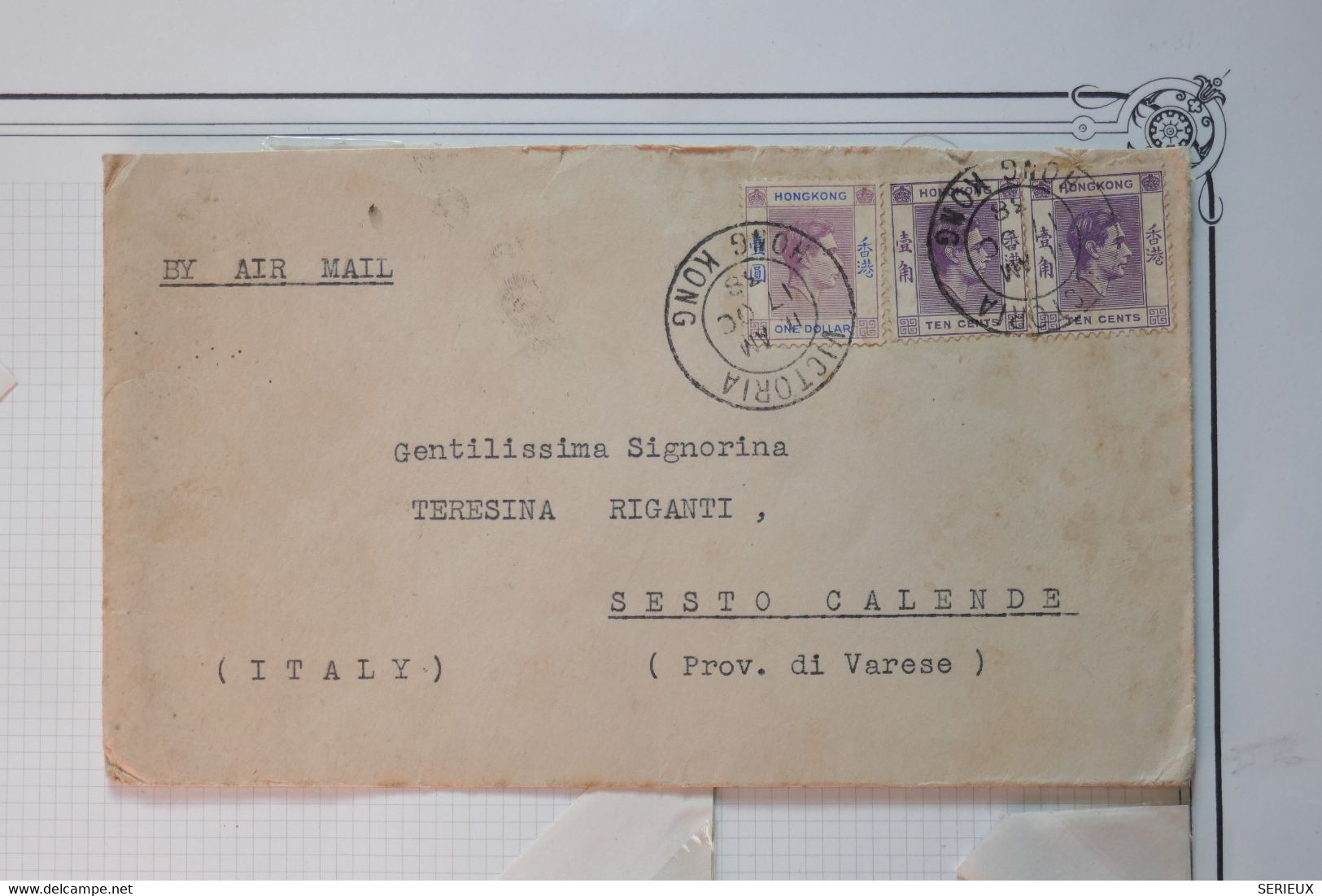 AC 12 CHINA HONG KONG  BELLE LETTRE 1938 PAR AVION  VICTORIA POUR SESTO CALLENDE ITALIA  +1 $+ AFFRANCH. PLAISANT - Cartas & Documentos