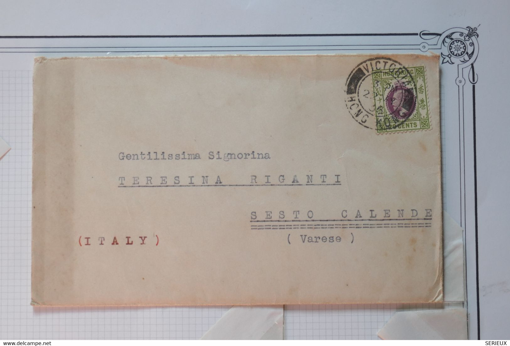 AC 12 CHINA HONG KONG  BELLE LETTRE 1936 PAR AVION  VICTORIA POUR SESTO CALLENDE ITALIA  ++ AFFRANCH. PLAISANT - Lettres & Documents