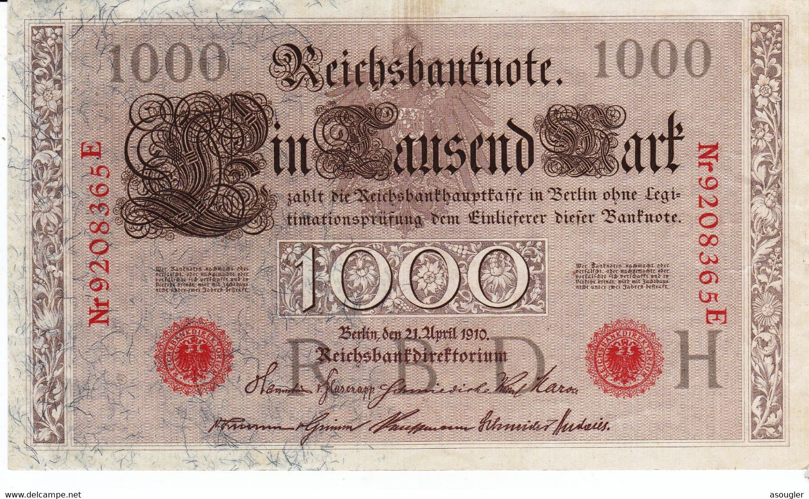 Germany 1000 Mark 1910 VF P-44b "free Shipping Via Registered Air Mail" - 1000 Mark