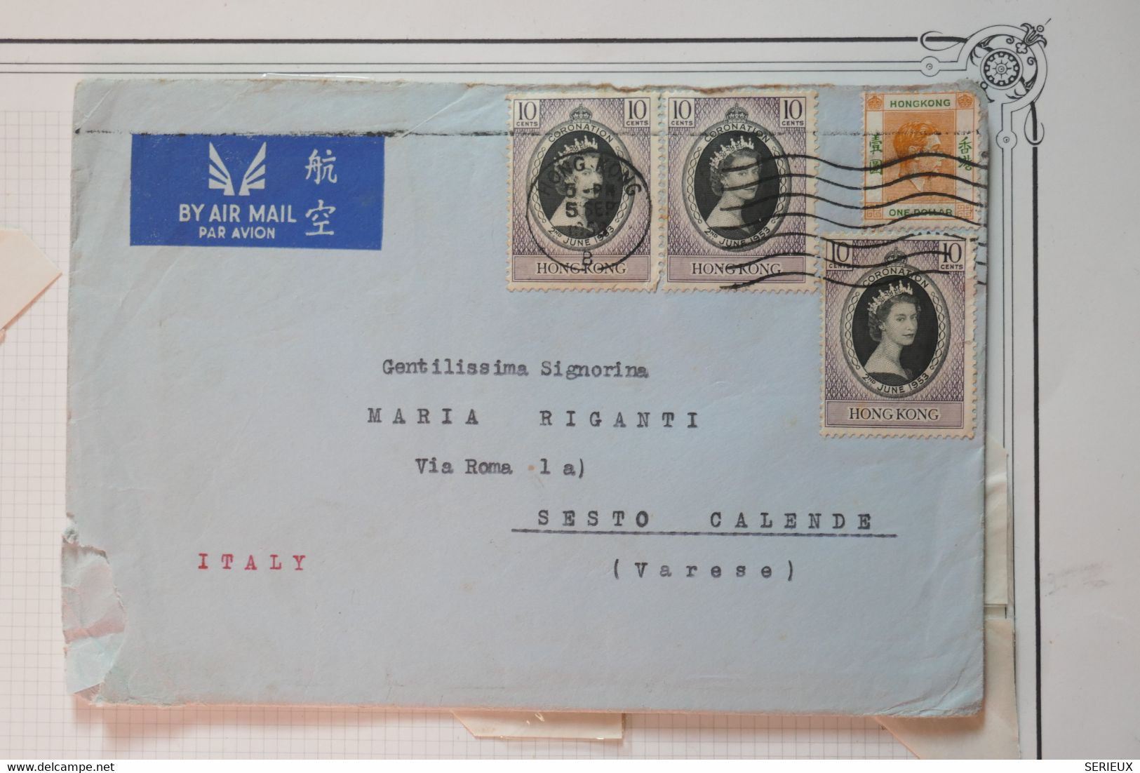 AC 12 CHINA HONG KONG  BELLE LETTRE 1953 PAR AVION  VICTORIA POUR SESTO  ITALIA  +¨TEMOIGNAGE+1 $+ AFFRANCH. PLAISANT - Storia Postale