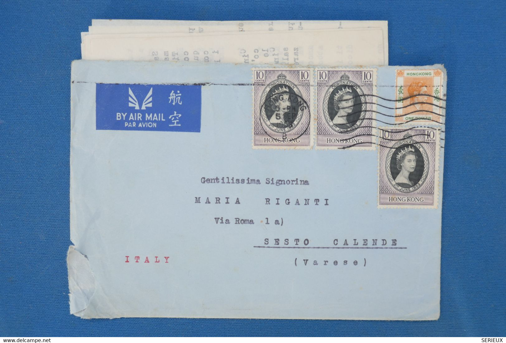 AC 12 CHINA HONG KONG  BELLE LETTRE 1953 PAR AVION  VICTORIA POUR SESTO  ITALIA  +¨TEMOIGNAGE+1 $+ AFFRANCH. PLAISANT - Lettres & Documents