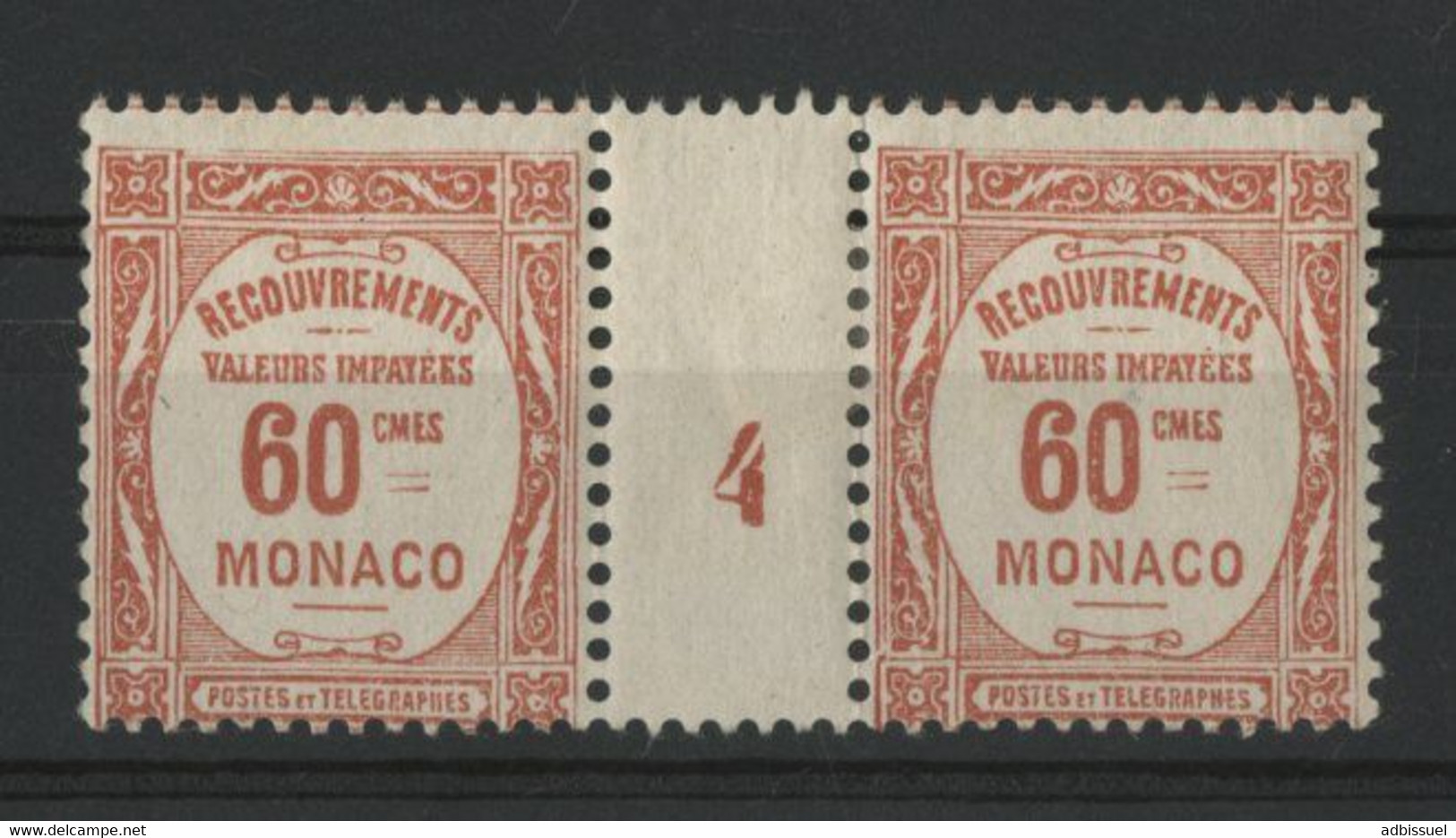 MONACO TIMBRE TAXE N° 16 Paire Du 60 Ct Rouge Avec Millésime 4 Neuve * (MH) Cote 15 €. TB - Strafport