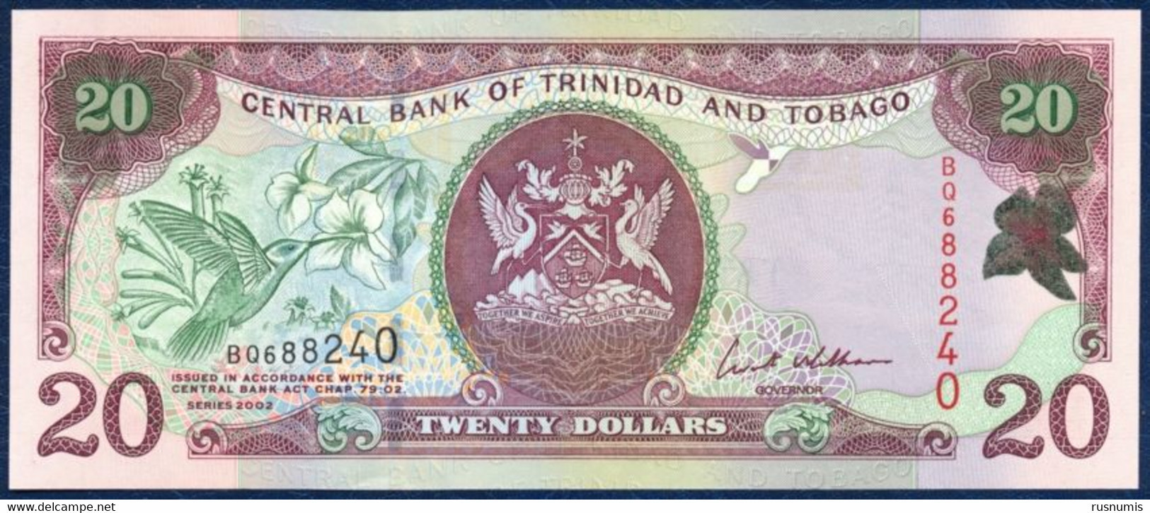 TRINIDAD AND TOBAGO 20 DOLLARS P-44a SIGN: WILLIAMS HUMMING BIRD CENTRAL BANK ERIC WILLIAMS FINANCIAL COMPLEX 2002 UNC - Trinidad En Tobago