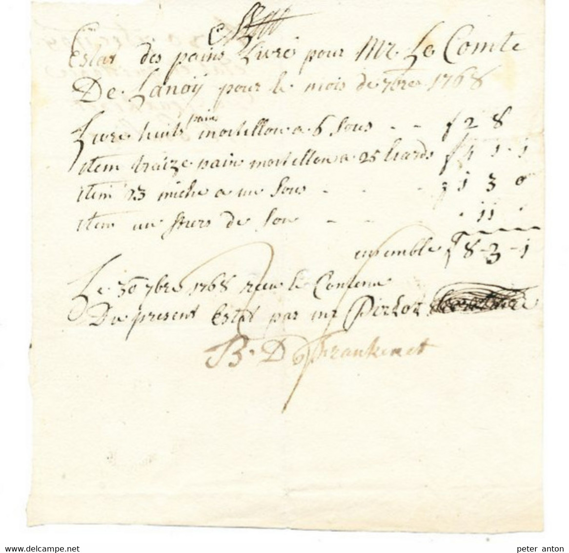Facture De Pain Septembre 1768 Au Comte De Lanoÿ ( DeLannoy) Par Frankinet Boulanger - ... - 1799