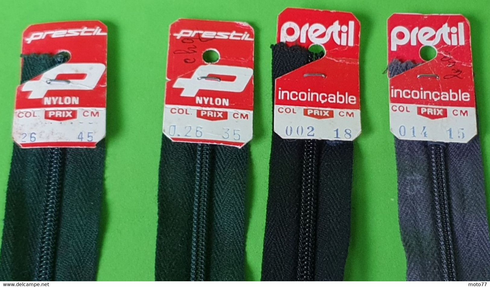 Lot 4 Anciennes FERMETURE ECLAIR - PRESTIL Nylon Vert - Coudre Couturière Mercerie - Neuf De Stock - Vers 1960 - Dentelles Et Tissus