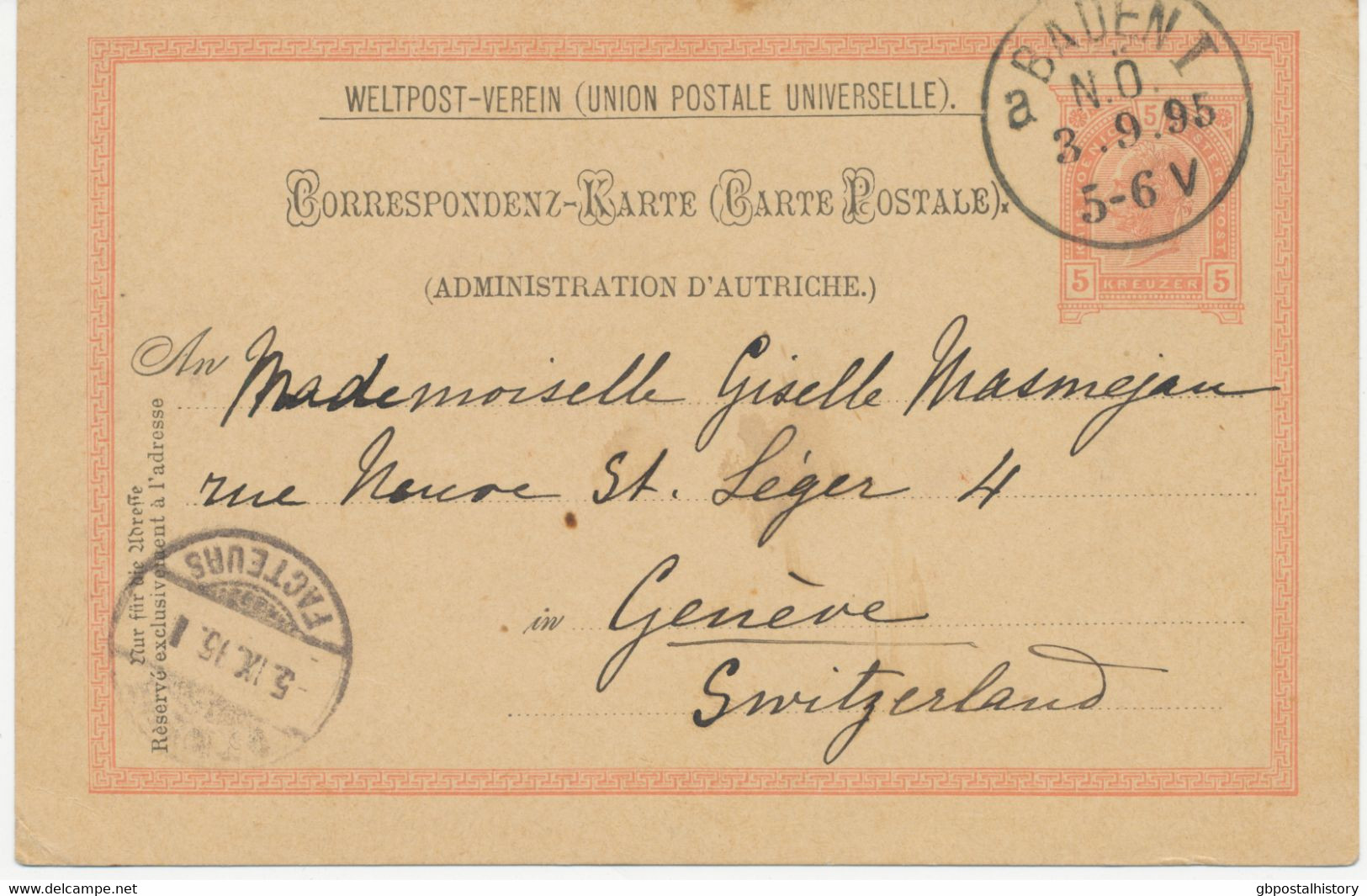 ÖSTERREICH ORTSSTEMPEL „BADEN I / N.Ö.“ K1 Auf  5 Kr Kaiser Franz Joseph Kab.-GA-Postkarte Nach GENÈVE, Schweiz, 1895 - Briefe U. Dokumente
