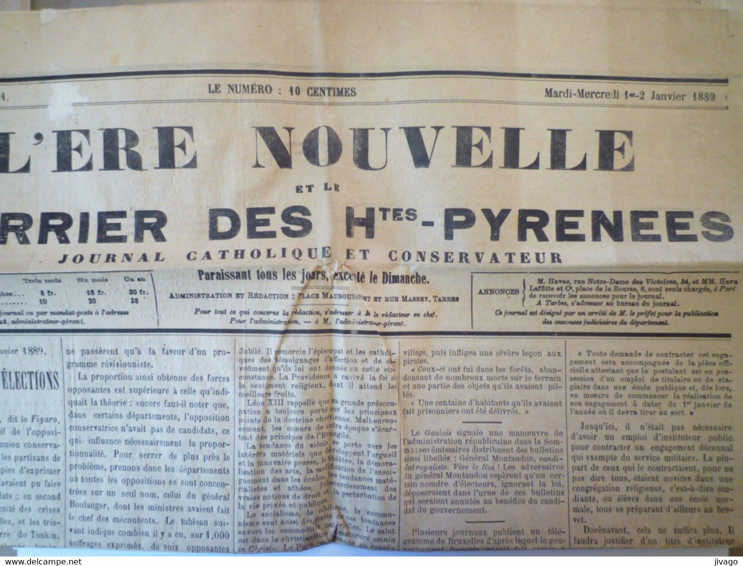 2022 - 1261  JOURNAL  "L'ERE NOUVELLE" Et Le Courrier Des Pyrénées Journal Catholique Et Conservateur  1889   XXX - Non Classés