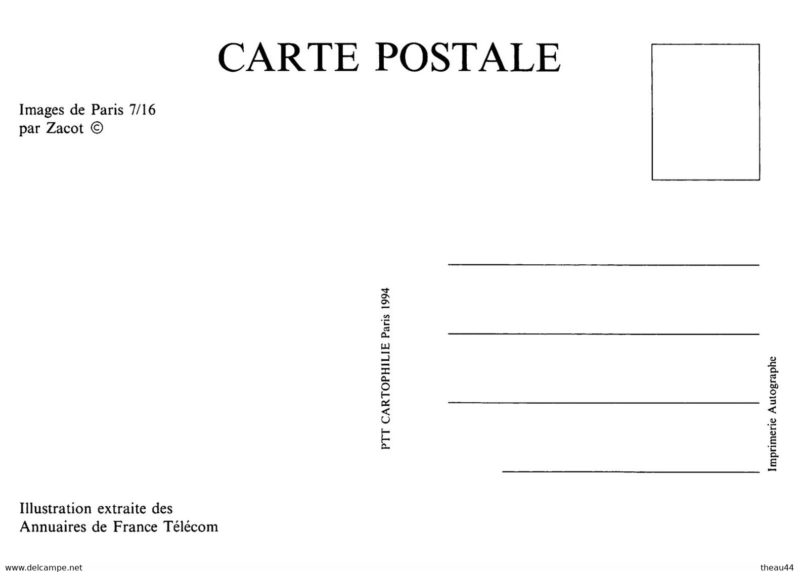 Lot 16 Cartes de l'Illustrateur " ZACOT " -Illustration extraite des Annuaires de "FRANCE-TELECOM" - " PTT Cartophilie "